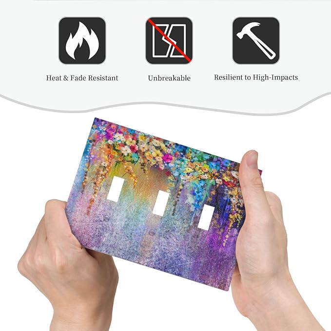 Colorful Floral Watercolor Flower 3 Gang Light Switch Plate Decorative Purple Triple Toggle Wall Plate Cover Electrical Faceplate Switchcover for Farmhouse Bathroom Home Bedroom Art Panel Decor