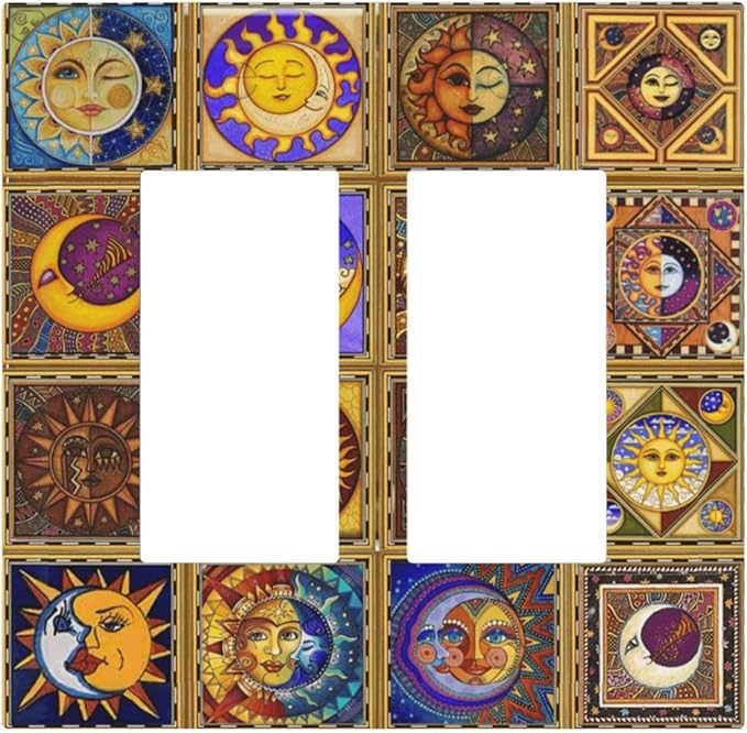 Mexican Talavera Tiles Star Pattern Celestials Theme Print Decorative Outlet Covers 2 Gang Double GFCI Rocker Electrical Wall Panels Light Switch Cover Plate for Kitchen Home Decor