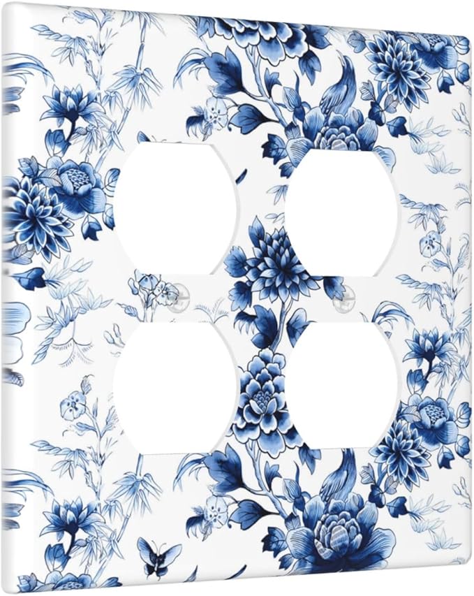 Blue Flower White Floral Plant Bird Butterfly Outlet Covers 2 Gang Double Duplex Decorative Light Switch Covers Electrical Wallplates Socket Faceplate for Bedroom Living Room Decor