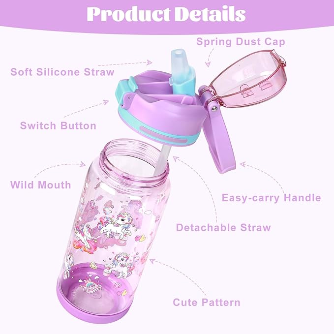 decalsweet Kids Water Bottle 20oz Durable Leak-Proof Plastic Water Cup for Kids Toddlers,With Straw Handle and Pop-Up Spout Cover,Safe for School Sports Daycare Travel & Camp