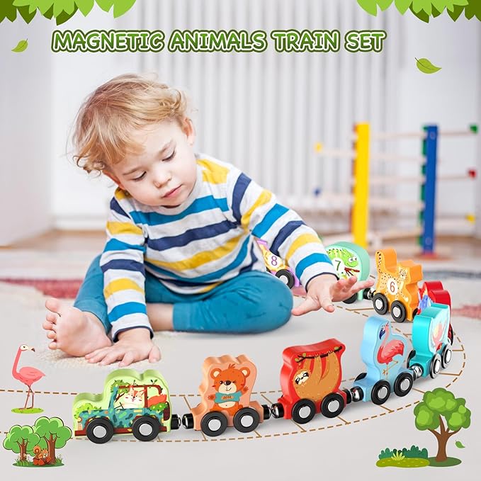 Zeoddler Toys for Toddlers, 11 Magnetic Wooden Animals Train Set, Montessori Toys for Toddlers, Learning Activities, Sensory Activities for Kids, Birthday Gifts for Boys, Girls