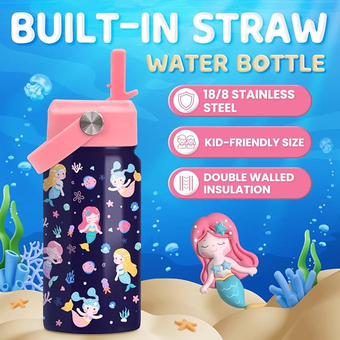Mermaid Water Bottle for Girls - Kids Water Bottle with Straw Lid - 12 Oz Insulated Stainless Steel Water Bottles for Kid Girl- Travel Cup for School Sports