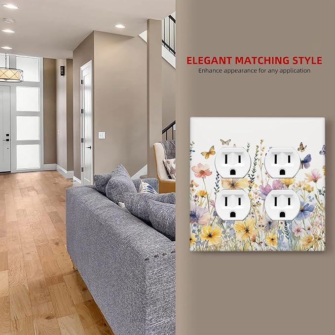 Wildflowers Colorful Flower Butterfly Floral Outlet Covers 2 Gang Double Duplex Decorative Light Switch Covers Electrical Wallplates Socket Faceplate for Farmhouse Bedroom Decor