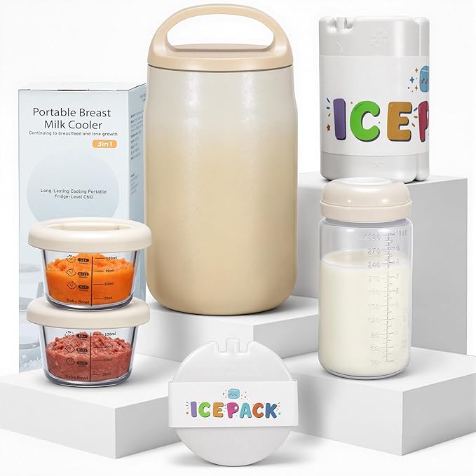 3-in-1 Breast Milk Cooler for 24H 360° Cooling, 11oz Breastmilk Chiller with Bottle & 8oz Baby Food Containers & 27oz Insulated Food Jar, Fits from Baby to Adult for Outdoor, Work & Travel - Mocha