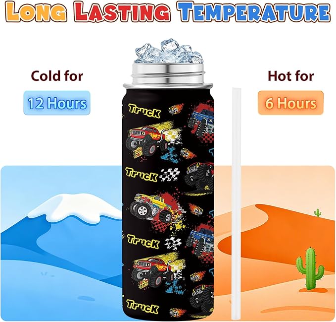 Truck Gifts for Kids - 18 Oz Kids Water Bottle with Straw Lid, Stainless Steel Insulated Tumbler, Leak Proof, BPA-Free, for Girls, School, Travel - Truck Lovers Children Birthday Gifts Cups(1pc)