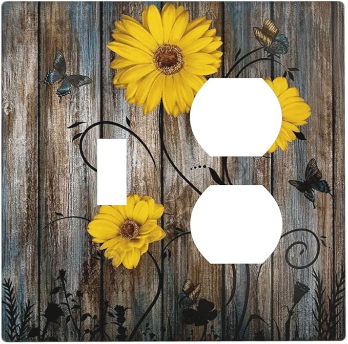 Rustic Barn Sunflower Wooden Daisy Flower Plank Wallplates 1 Toggle 1 Duplex Switch Plate Electrical GFCI Faceplate Decorative Light Switch Covers for Farmhouse Home Decor
