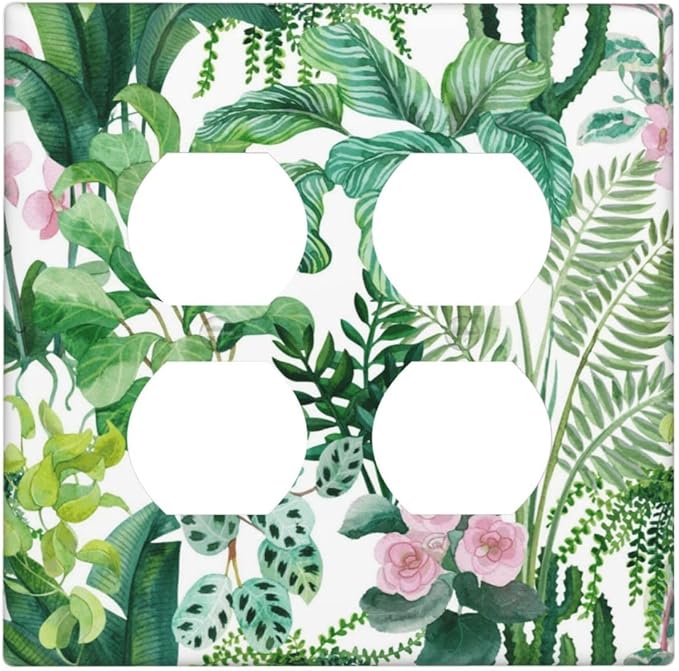 Tropical Palm Leaves Green Jungle Botanical Floral Flowers Outlet Covers 2 Gang Double Duplex Decorative Light Switch Covers Electrical Wallplates Socket Faceplate for Bedroom Living Room Decor
