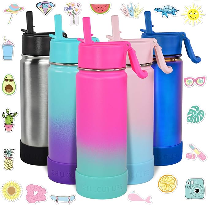 CHILLOUT LIFE 17 oz Kids Insulated Water Bottle for School with Straw Lid Leakproof and Cute Waterproof Stickers, Personalized Stainless Steel Thermos Flask Metal Water Bottle for Girls & Boys