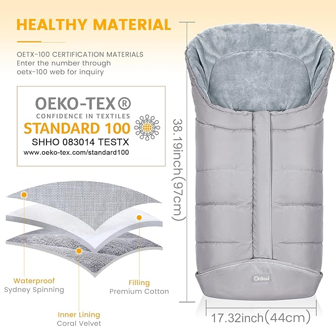 Orzbow Universal Stroller Footmuff, Winter Baby Bunting Bag for Stroller - Baby Sleeping Bag with Coral Fleece Lining for Cold Weather, Water-Repellent, Winter Must Have for Toddler Kids, Light Grey