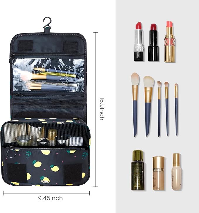 Lcsmaokin Large Capacity Toiletry Bag Travel Bag with Hanging Hook for Men and Women Waterproof Travel Cosmetic Bag Bathroom Storage Bag for Brushes Set,Full-Sized Shampoo,Accessories-Black Lemon