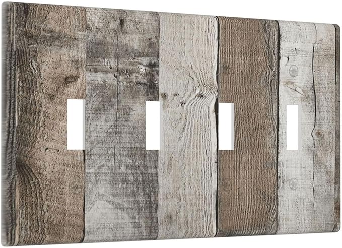 Natural Grey Wood Vintage Faux Wood Grain Light Switch Covers Quad Toggle Electrical Faceplate 4 Gang Wall Plate Decorative Switch Plates Cover for Farmhouse Home Decor