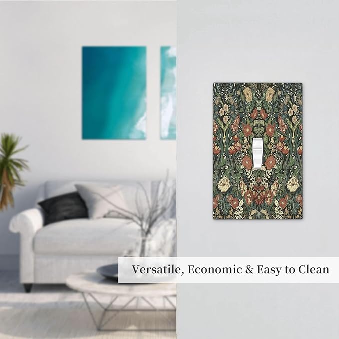 Decorative Light Switch Cover Vintage Dark Floral William Morris Green Flower 1 Gang Single Toggle Device Electrical Faceplate Switchplates Decorator Outlet Wall Plate for living Room Home