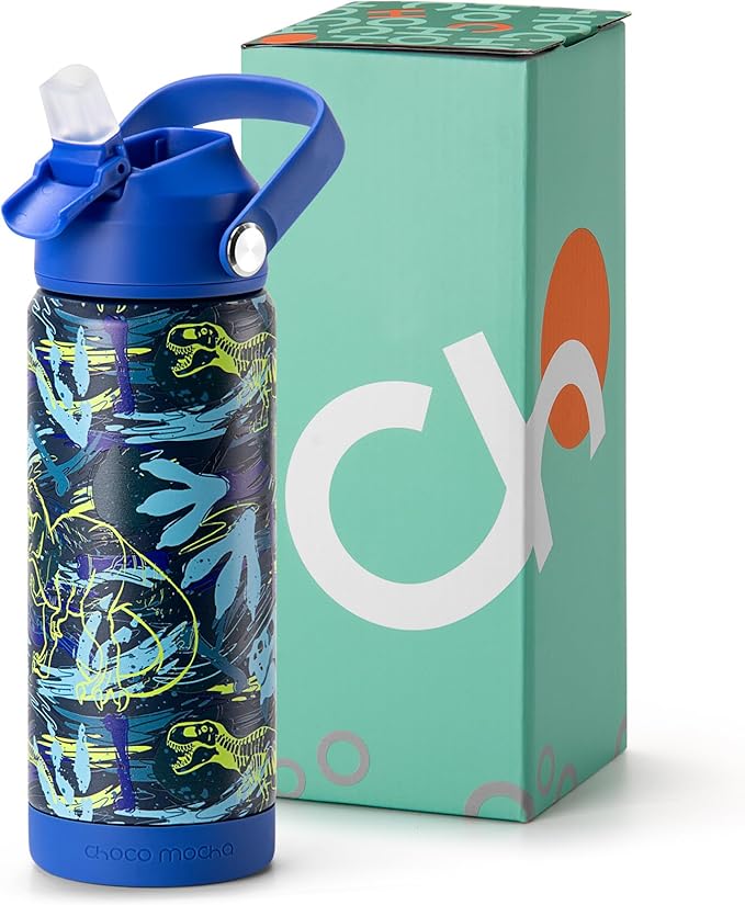 Choco Mocha Kids Water Bottle For School, Kids Insulated Dinosaurs Water Bottle Stainless Steel for Boys,18Oz Blue