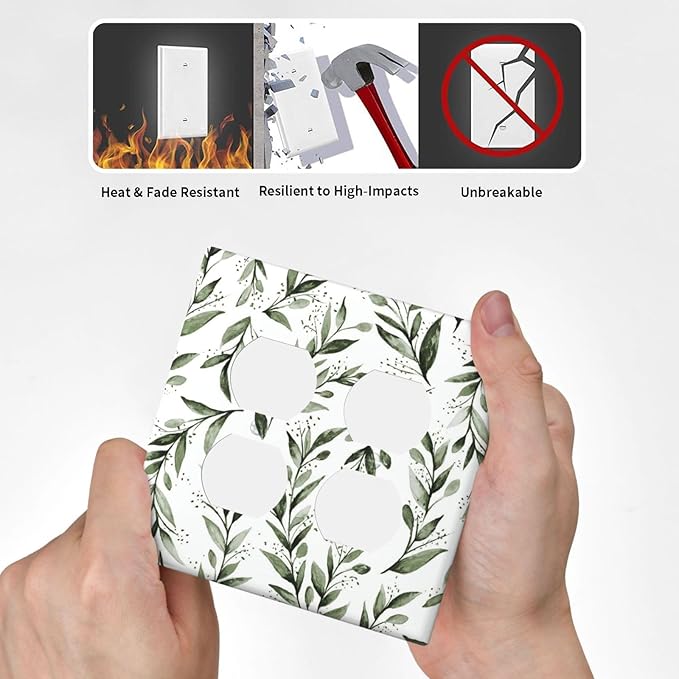 Green Leaf Olive Leaf Sage Floral Outlet Covers 2 Gang Double Duplex Decorative Light Switch Covers Electrical Wallplates Socket Faceplate for Bedroom Living Room Decor