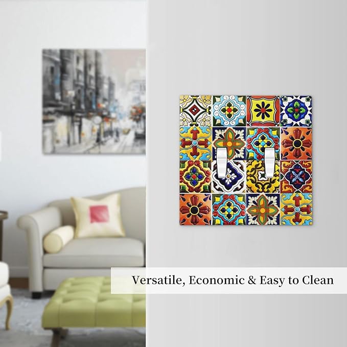 Yellow Vintage Mexican Moroccan Talavera Tile 2 Gang Outlet Light Switch Cover Orange Boho Mosaic Ceramics Tiles Double Toggle Electrical Outlet Covers Decorative Dual Device Switch Face Wall Plate