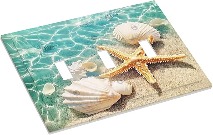 Decorative Switch Plates Sea Shells And Star Fish In Ocean Beach 3 Gang Wall Plate Triple Toggle Light Switch Cover Faceplate Electrical Wall Panels For Bathroom Home Decor