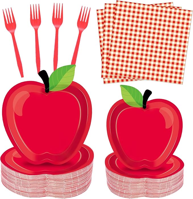 100 Pcs Apple Party Supplies Set, Serves 25 – Disposable Apple-Shaped Paper Plates, Red Gingham Napkins, and Forks, Fruit Themed Tableware for Teacher Appreciation, and Back to School Decorations