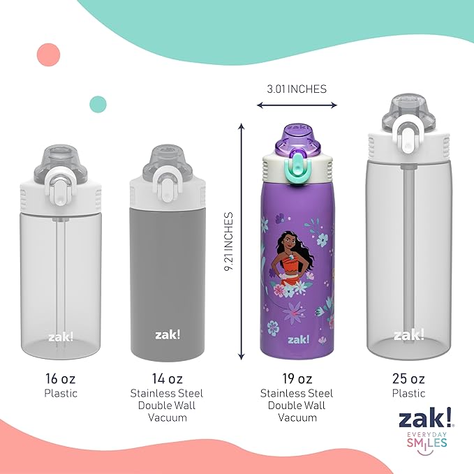 Zak Designs Disney Princess Sage Kids Water Bottle For School or Travel, 19oz Stainless Steel Water Bottle With Straw, Handle, and Leak-Proof, Pop-Up Spout Cover (Ariel, Moana, Rapunzel, Tiana)