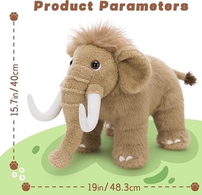 BENINY Woolly Mammoth Plush Toy, Cute Soft Elephant Stuffed Animal for Boys Girls Kids, 16" Cuddly Christmas Birthday Gift for Ancient Animal Lover