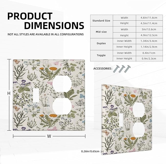 Outlet Covers Boho Floral Vintage Flowers Plants 2 Gang Decorative Switch Plates 1 Toggle Duplex Combo Light Switch Cover GFCI Electrical Wall Plates for Bathroom Bedroom Decor