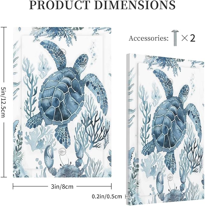 Blue Sea Turtle Coastal Coral Beach Crab Seaweed Light Switch Cover Plate 1 Gang No Device Blank Electrical Wall Plates Faceplate Decorative Switch Plate for Kids Room Bathroom Decor