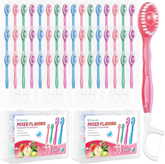 48 Pack 5-in-1 Disposable Toothbrushes with Toothpaste, Floss, Pick & Tongue Scraper, Portable Mini Toothbrush Travel Set for Kids Adults, Individually Wrapped, Work Camping, Mixed Flavor