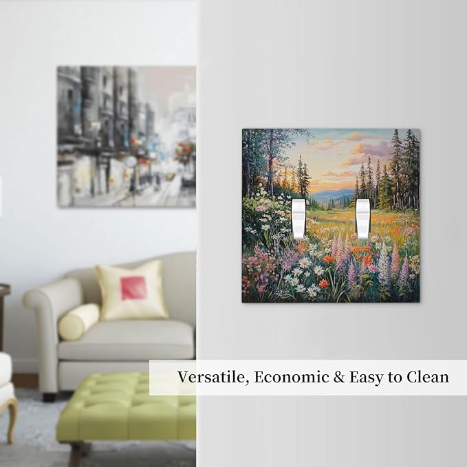 Decorative Switch Plates Floral Landscape Rustic Nature Wildflower 2 Gang Double Toggle Outlet Light Switch Cover Wall Plate Electrical Faceplate For Bed Room Living Room Decor