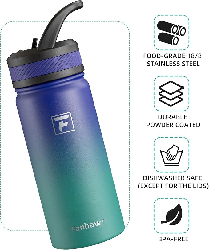 Fanhaw 18 Oz Kids Insulated Water Bottle with Straw Lid – Stainless Steel Double Wall Vacuum, Leak-Proof, BPA-Free Water Bottles for School Boys & Girls(Purple Green)