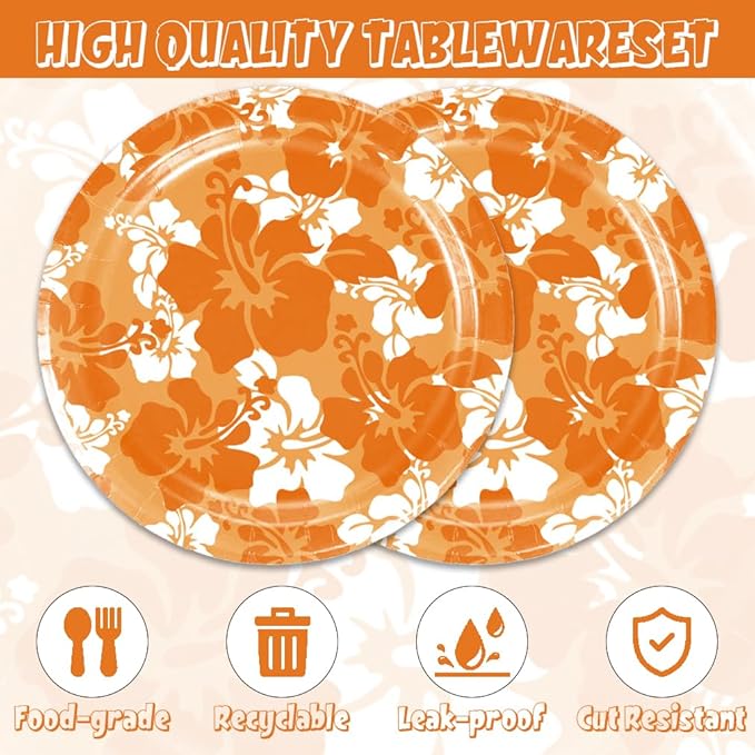 Orange Hawaiian Hibiscus Flowers Party Decorations for Kids Tropical Party Decorations 40PCS Hawaiian Flower Theme Party Plates and Napkins