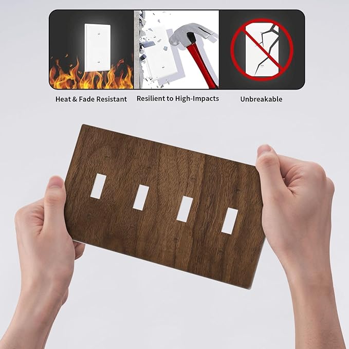 Light Switch Cover Plate Dark Brown Wood Grain 4 Gang Quad Toggle Wall Plate Electrical Outlet Cover Decorative Switch Plate Covers for Farmhouse Cabin Decor