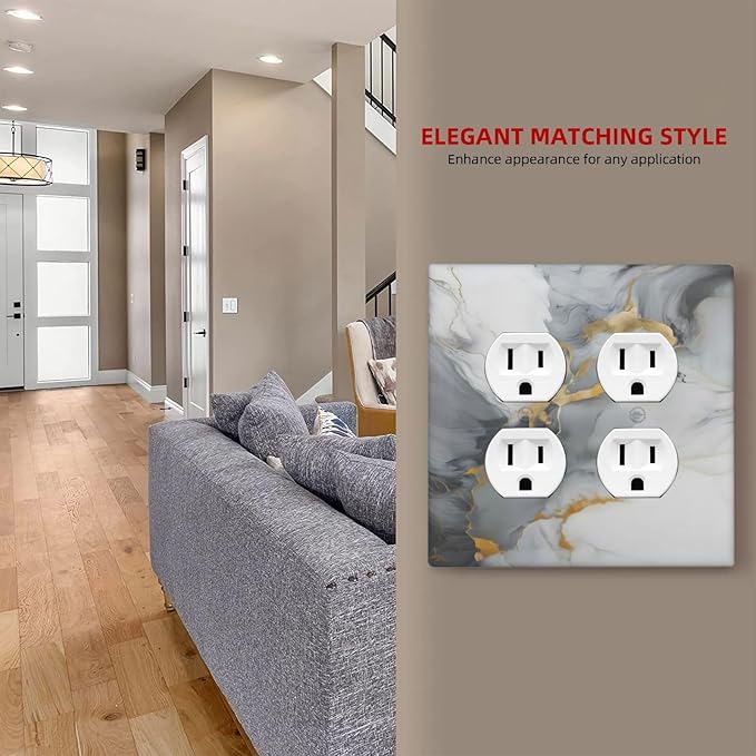 Gold Marble Grey Art Abstract Luxury Print Outlet Covers 2 Gang Double Duplex Decorative Light Switch Covers Electrical Wallplates Socket Faceplate for Kitchen Bathroom Decor