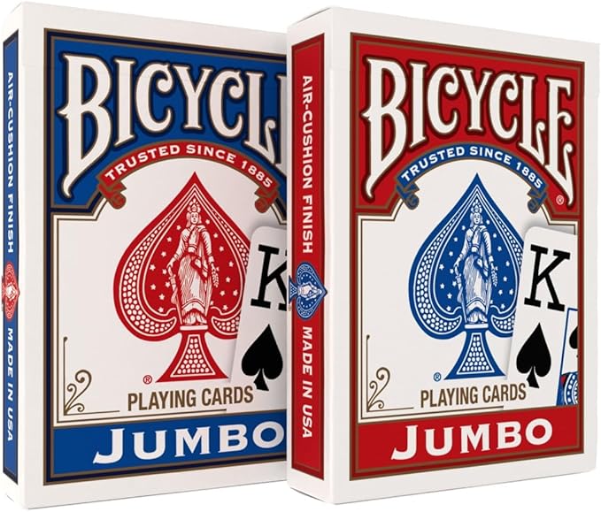 Bicycle Jumbo Index Playing Cards , 2 Pack Large Print Poker Size Deck of Cards for Easy Reading, Family Card Games, and Casino Play