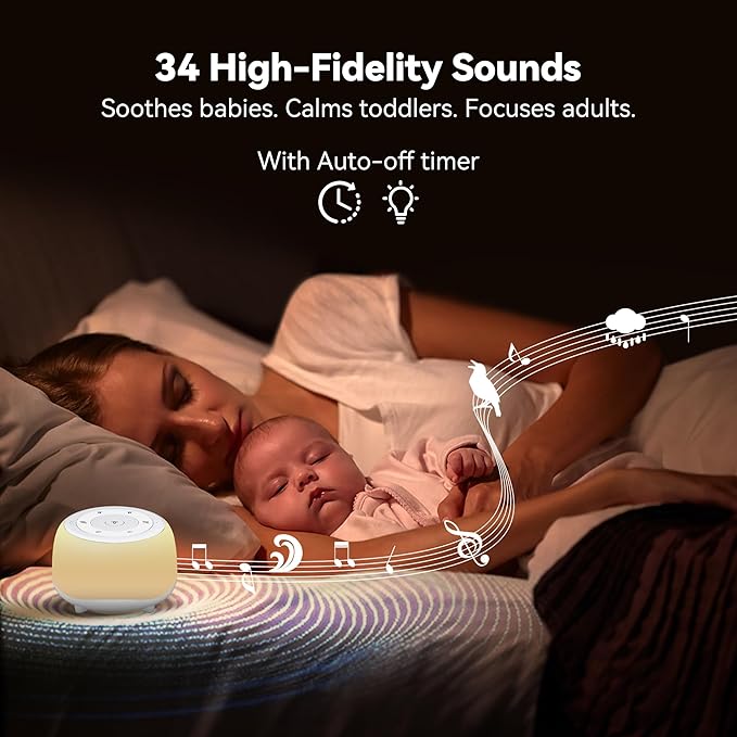HEYAXA White Noise Sound Machine with 7 Colors Night Light 34 Soothing Sounds, Portable Sound Machine for Baby Adults Kids Sleep with 30 Volume Levels 4 Timers Adjustable Brightness (White)