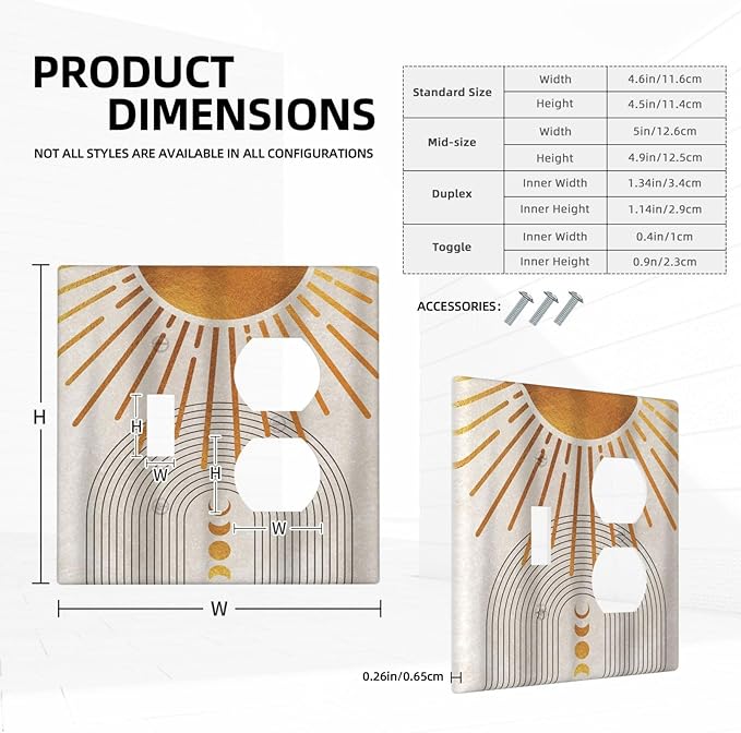 Decorative Outlet Covers Mid Century Gold Sun Abstract Arch Boho Moon 2 Gang Wall Plate Cover Single Toggle Duplex Combo Two Switch Light Switch Cover Plate Jumbo Dual GFCI Face Plate
