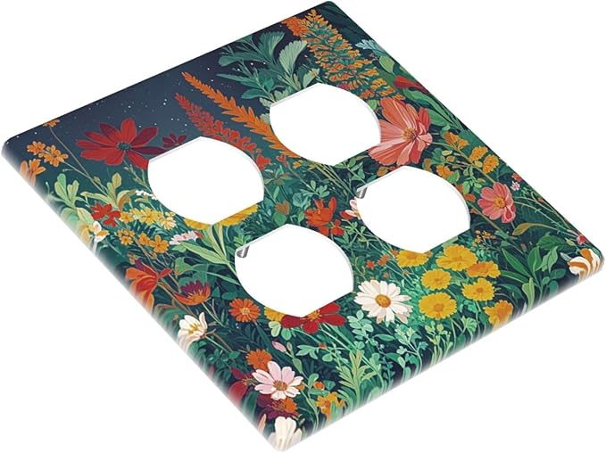 Decorative Outlet Covers with Wildflowers & Stars Botanical Floral Art Design 2 Gang Wall Plate Double Duplex Receptacle Light Switch Cover Switch Plate Cover for Garden Theme Wall Decor