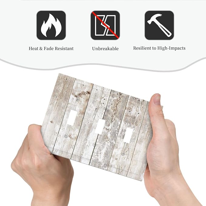 Vintage Light Wood Retro Rustic White Gray Oak Print Decorative Switch Plates 3 Gang Wall Plate Triple Toggle Light Switch Cover Faceplate Electrical Wall Panels for Farmhouse Home Decor