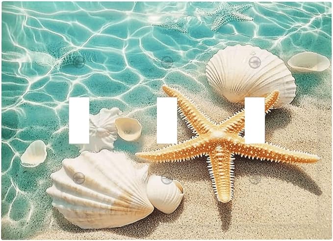 Decorative Switch Plates Sea Shells And Star Fish In Ocean Beach 3 Gang Wall Plate Triple Toggle Light Switch Cover Faceplate Electrical Wall Panels For Bathroom Home Decor