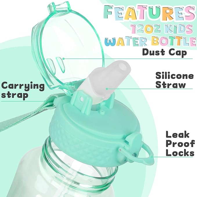 OLDLEY 12oz Kids Water Bottle for school Girls Boys, Motivational Water Bottles With Silicone Straw, Leak-Proof Tritan BPA-Free, Reusable water bottles for kids, Glow Green