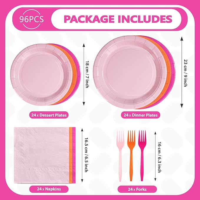 Grencian Pink and Orange Party Decorations Supplies 96Pcs Solid Color Paper Plates and Napkins Neon Disposable Hot Pink Orange Tableware for Sunset Birthday Party Graduation Decorations 2026 Serve 24