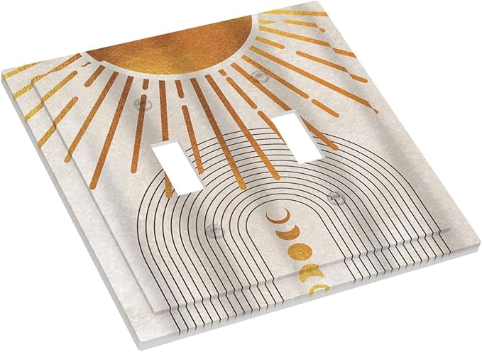 Mid Century Gold Sun Abstract Arch Boho Moon Double Toggle Light Switch Covers Decorative Unique 2 Gang Wall Plate Dual Electrical Faceplate Switchplate for Kitchen Bedroom Living Room Decor