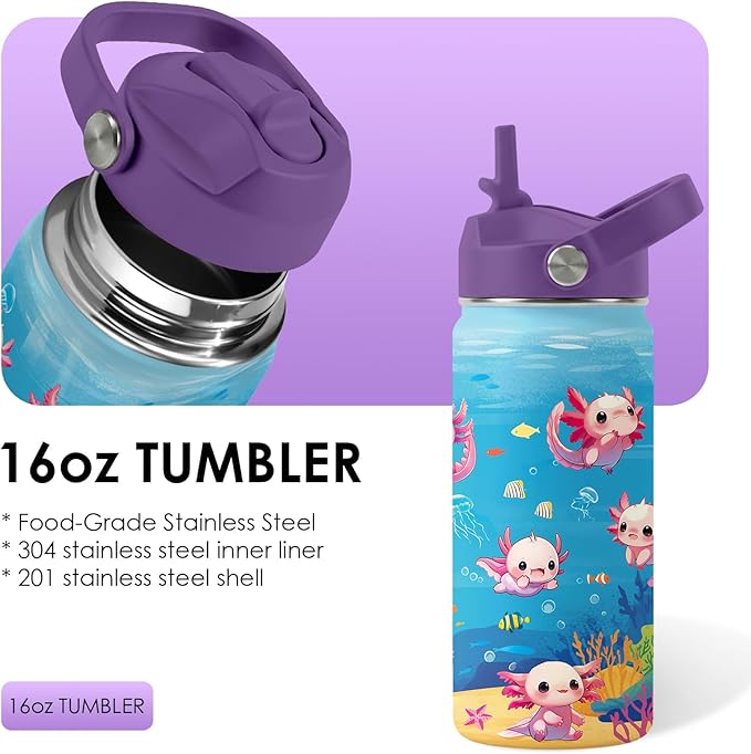 Axolotl Gifts for Girls, 16oz Axolotls Water Bottle with Straw Lid, BPA-Free, Leak Proof Stainless Steel Insulated Tumbler, Adorable Ocean Animal Mug Cup for Sports,Travel Boys Birthday Gifts (1pc)