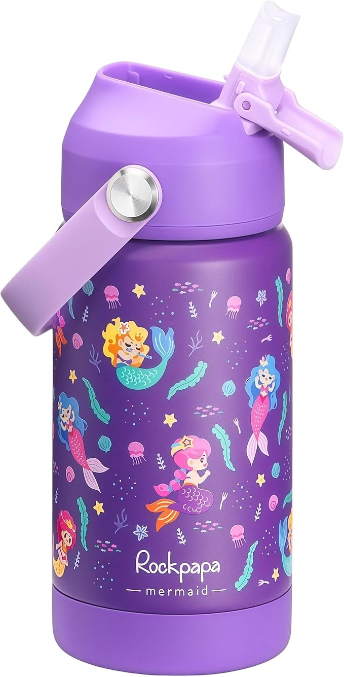 rockpapa 14 oz Kids Insulated Water Bottle，Stainless Steel Toddler Cups with Straws, BPA Free, Leak-Proof, Kids Water Bottle for School Boys& Girls (Purple Mermaid)