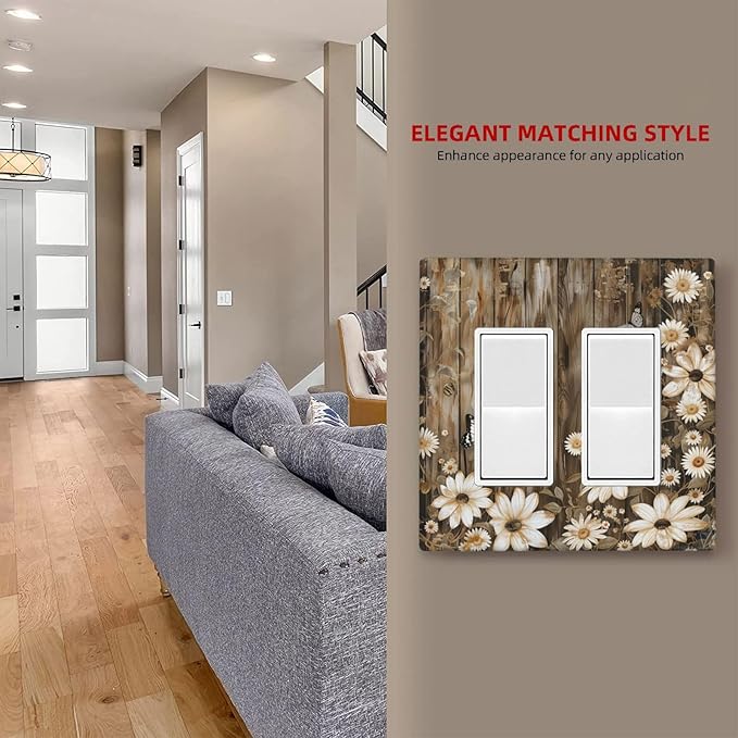 Light Switch Cover Plate Rustic Wood Butterflies Flowers Botanical 2 Gang Double Rocker Outlet Covers Decorative Switch plates Electrical Wall Plates GFCI Receptacle for Farmhouse Cabin Decor
