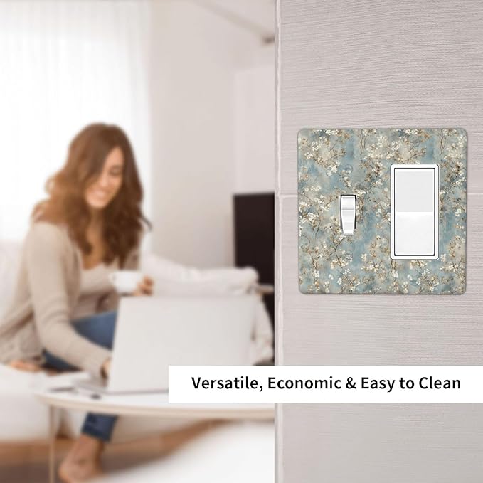 Decorative Outlet Covers Rustic Blue White Plum Blossom Flower 2 Gang Light Switch Cover Plate Single Toggle 1 Rocker Wall Plates for Electrical Switch Plate Covers for Bedroom Decor