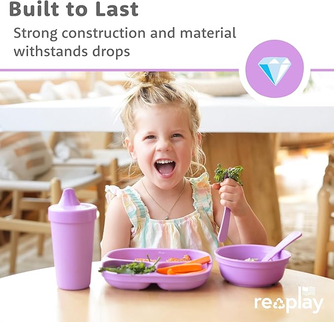 Re-play 3x3 Divided Toddler Plates and Utensils Set - Toddler Forks and Spoons Set - Dishwasher and Microwave Safe - Made in USA - Spring