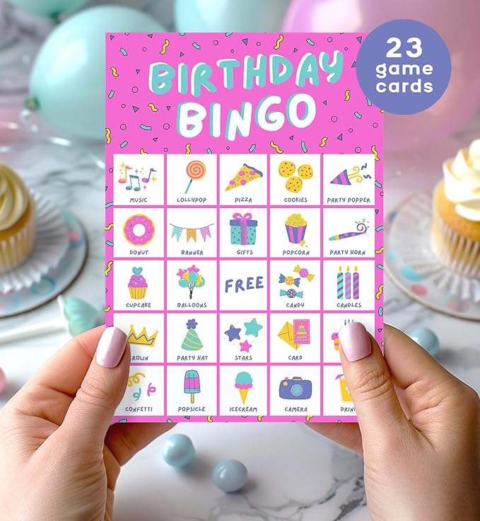 Markt Birthday Bingo Game for Kids Birthday Party Games, Kids Party Games Supplies - 23 Players - Pink