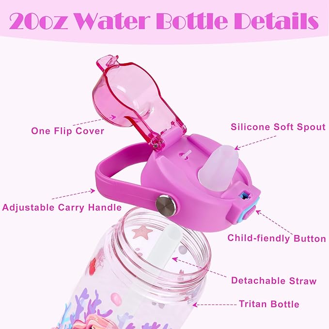 Queenshin Girls Mermaid Water Bottle for School 20oz BPA-Free Tritan Outdoor Kids Sports Water Cup Leak Proof with Straw Lid Handle Pop-Up Spout Cover