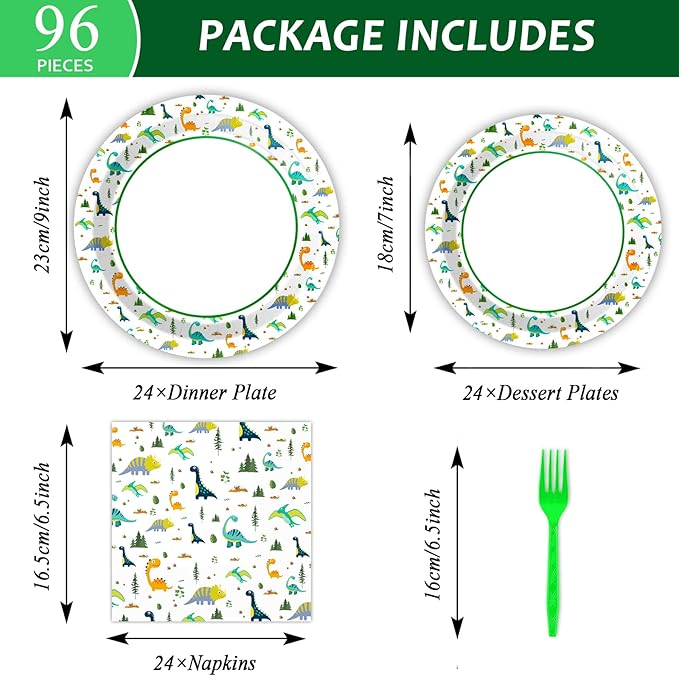 Wiooffen 96 Pcs Dinosaur Party Plates Napkins Watercolor Dinosaur Paper Tableware Supplies Set Cartoon Dino Disposable Dinnerware Decoration for Birthday Party Baby Shower, 24 Guests