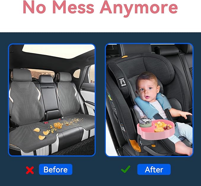 Kids Car Seat Tray, Travel Tray with Cup Holder for Toddler Baby, Kids Car Seat Food Snack Organizer for Road Trip, Stroller snack Organizer Travel Must Haves Toddler Must Haves (Pink)