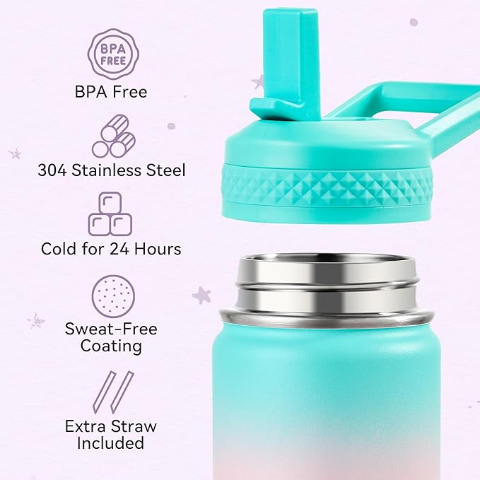 Fijinhom 12 oz Toddler Bottle, 2 Pack Kids Water Bottle for School Boys & Girls with Straws Lids, 304 Stainless Steel Vacuum Insulated Thermos, BPA-Free, Aurora + Gradient Purple